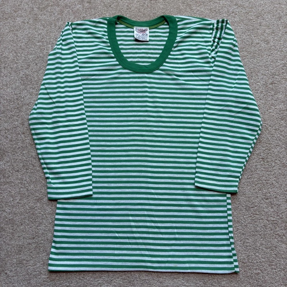 Vtg 70s Striped Shirt Womens Large Green Striped‎ 3/4 Sleeve Preppy Twee Retro